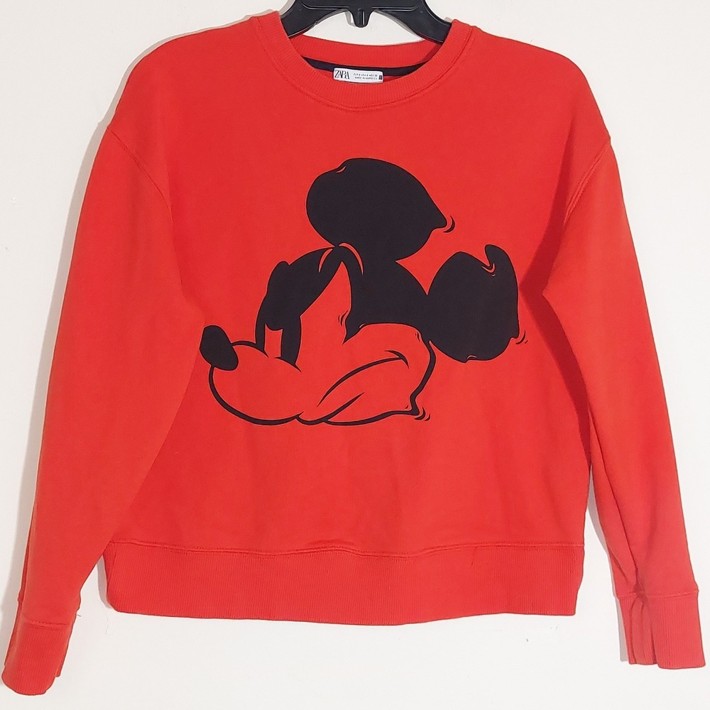 ZARA X Disney Mickey Mouse Crewneck French Terry Sweatshirt Red Graphic Size S